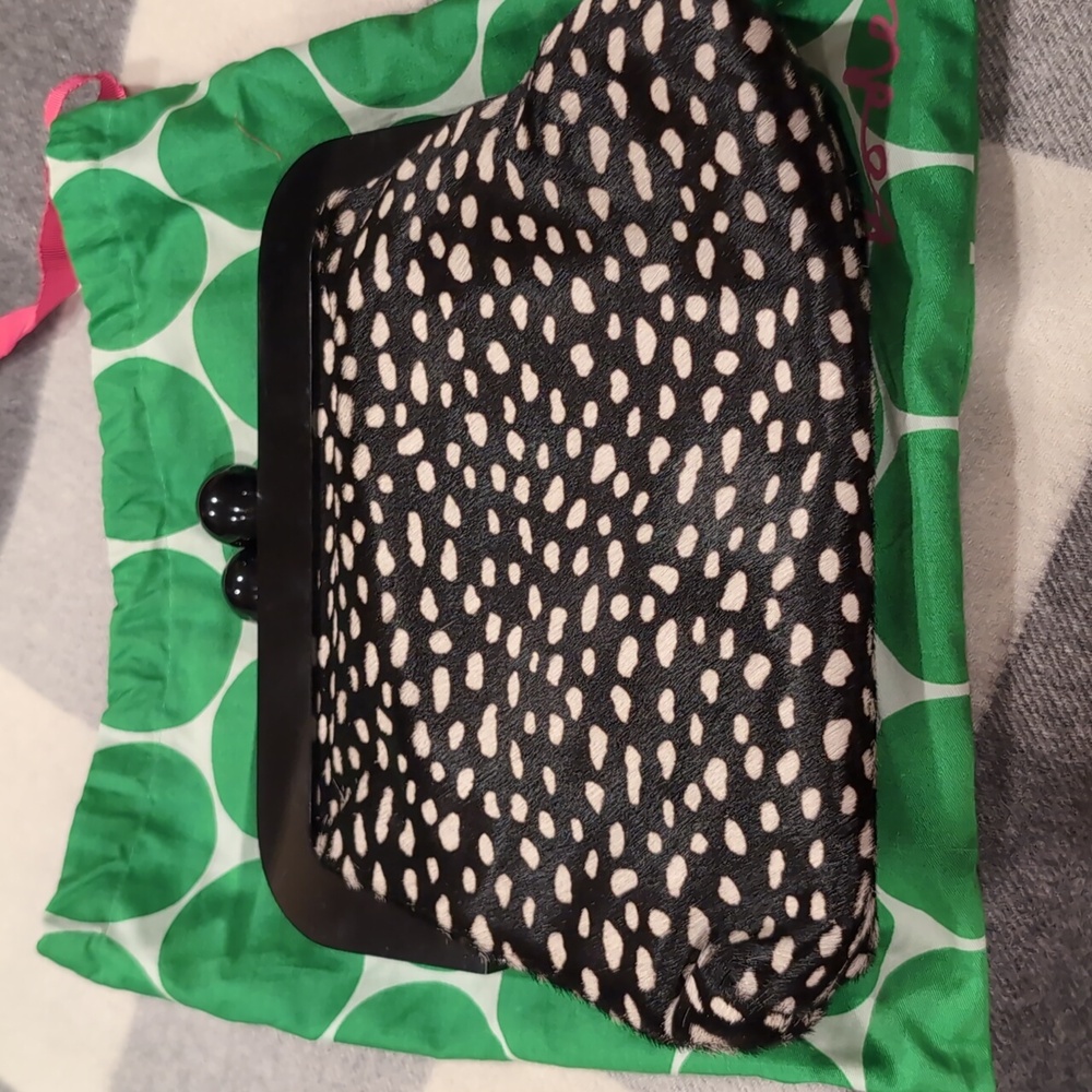 Boden Black and White Polka Dot Faux fur Clutch